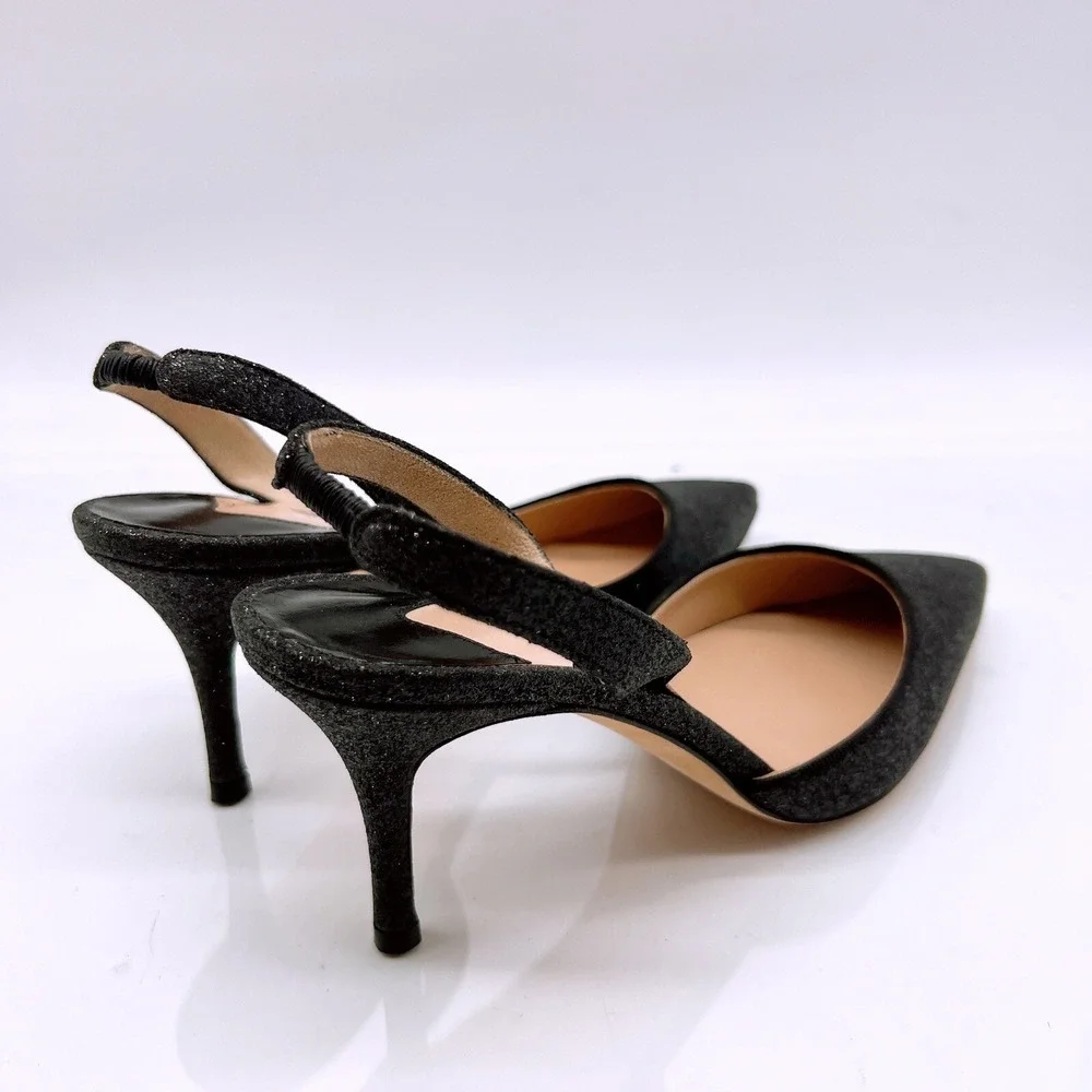 Manolo Blahnik Carolyne Low Heel Women's Slingback Pumps Black Glitter EU 36.5